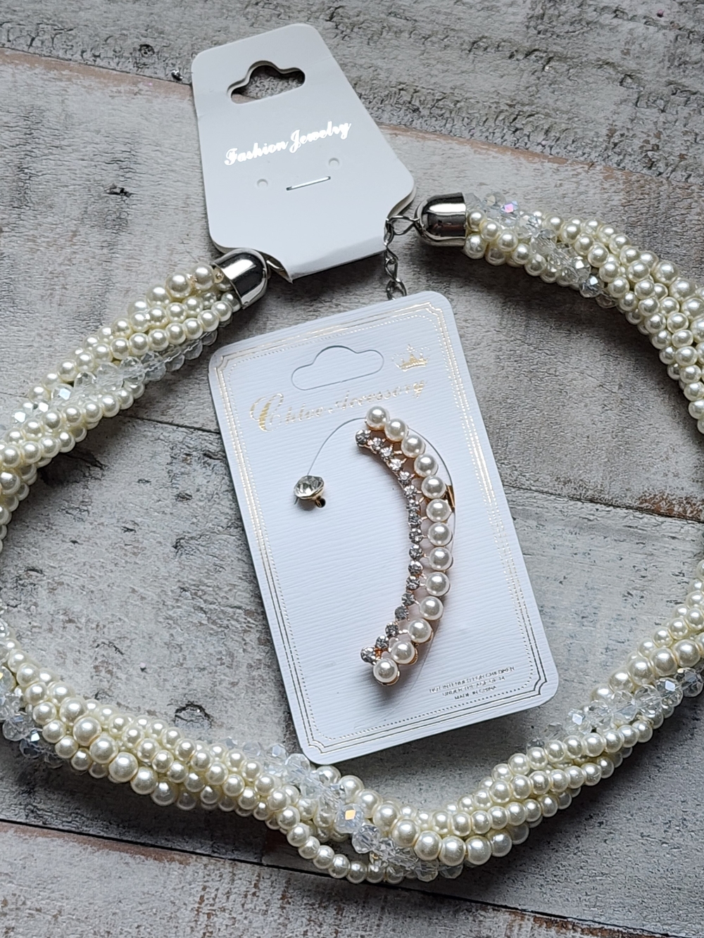 Pearl & Crystal Twisted Necklace and Ear Cuff Set - Ivory